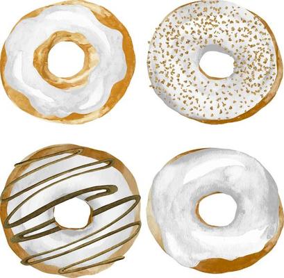 Watercolor set of four sweet donut in white glaze and chocolate and nuts. Sprinkles white donut watercolor illustration