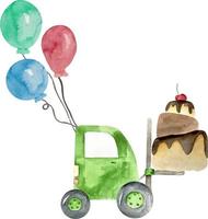 Watercolor happy birthday green forklift with balloons and birthday cake. Hand draw illustration of cartoon red car with big wheels. Children vehicle illustrartiuon vector