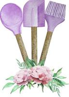 ilustración acuarela de panadería púrpura con batidor, cuchara y espátula. logo para pastelería y panadería
