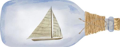 Watercolor nautical bottle with ship inside. Decorative marine souvenir bottles boat illustrations vector