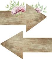 Watercolor wooden arrows with flowers . wooden sign with arrow form. Natural tree watercolor beautiful texture, wooden board signpost isolated on white vector