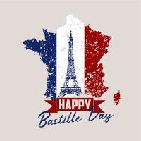 French National Day, 14th of July. Grunge effect in colors of the national flag of France with Eiffel tower and hand lettering Happy Bastille Day. Vector illustration.