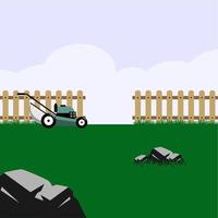 Flat vector illustration of lawn mowing service. Modern lawnmower cutting green grass. Concept of gardening service