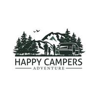 logotipo de camping con campamento de remolques, montaña y pino, utilizado para acampar comunitario y de temporada