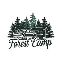 The double cabin car attracts a camping caravan with a pine forest background, used for the logo of adventurers and seasonal camping. vector