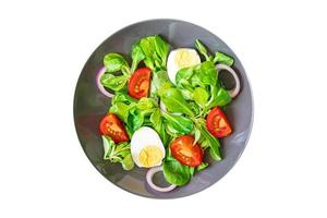 Ensalada de huevo, verduras, tomate, cebolla, hojas de lechuga, pétalos de mezcla verde, comida fresca y saludable, comida, refrigerio, dieta en la mesa, espacio de copia, comida. foto