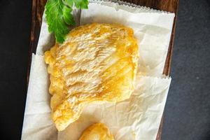 fried fish fresh seafood cod fish second course meal food snack on the table copy space food background photo