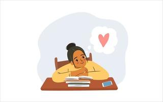 Distracted student girl with books. Young afro-american woman is thinking about love while studying at school. Hand drawn flat illustration. vector
