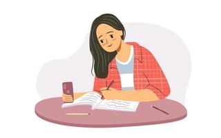 chica estudiante con cuaderno estudiando. la joven se está haciendo selfie mientras estudia en casa. ilustración plana dibujada a mano. vector