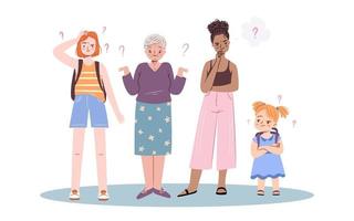Confused woman, girl standing in doubt, thinking of dilemma. Puzzled young woman, a teenager, a child and an elderly lady. Flat character vector illustration.