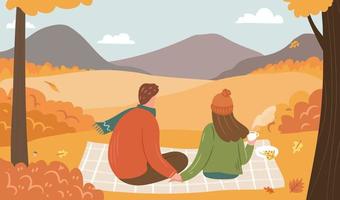 Autumn forest picnic. Happy couple wearing sweaters sitting on a blanket. Fall scenery background with yellow trees, mountains, orange leaves. Hand drawn flat vector illustration.