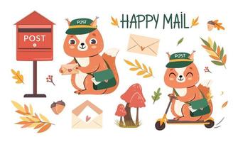 conjunto de publicaciones de otoño. lindo cartero ardilla con hojas, cartas, buzón de correo, bolsa de correo. elementos aislados del bosque de otoño. ilustración vectorial plana dibujada a mano vector