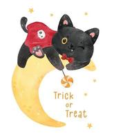 cute funny balck cat in vampire costume on crescent moon Halloween Trick or Treat, animal cartoon character watercolor illustration vector