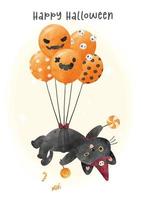 cute Halloween black kitten cat witch flying by bunch of orange Halloween balloons party, watercolor animal cartoon character illustration vector