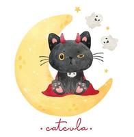 lindo gato negro confuso en traje de vampiro sentado en luna creciente animal caricatura personaje acuarela ilustración vector