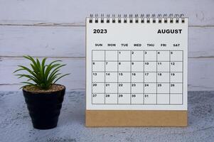 calendario de escritorio de agosto de 2023 con planta de mesa sobre mármol y fondo de madera. foto