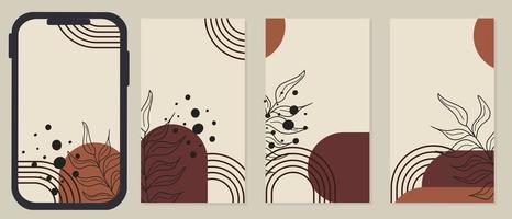 set of social media story blank design templates. brown color aesthetic background with hand drawn floral elements vector