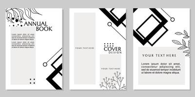 white annual book report template set. cover design with triangle shape elements and silhouette leaves vector