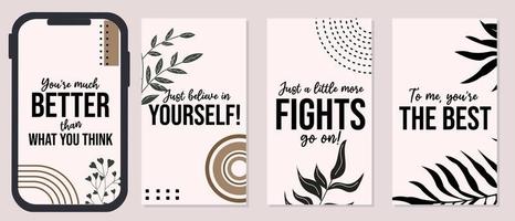 set of motivational quote templates for social media stories. brown color background with abstract leaf elements vector