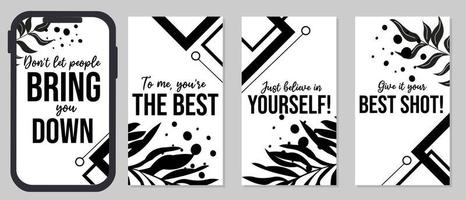 conjunto de plantillas de citas motivacionales para historias de redes sociales. fondo blanco y negro con elementos de silueta de hoja. vector