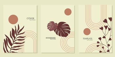 set of wall decor designs. simple and minimalistic aesthetic background with leaf elements. brown cover design vector