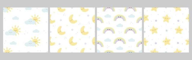 Collection of kids kawaii seamless patterns with funny star, rainbow, sun and cloud, moon. Cute prints for phone case, backgrounds, fashion, wrapping paper and textile. Vector Illustration