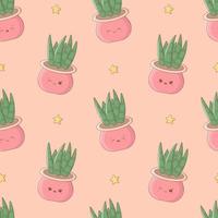 Seamless pattern with kawaii potted plants. Cute print for phone case, backgrounds, fashion, wrapping paper and textile. Vector Illustration