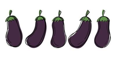 Set of cute cartoon doodle eggplants. Bright outline and rich colors.