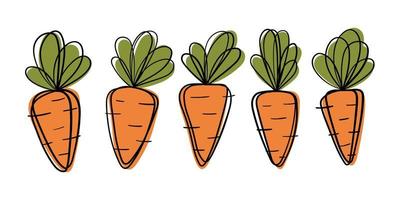 Set of cute cartoon doodle carrots. Bright outline and rich colors. vector