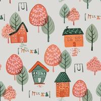 Autumn pattern with houses and trees vector