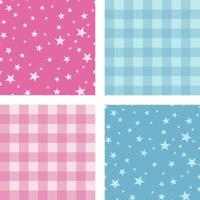 Tiled children's pink and blue vector pattern with stars and checkered plaid