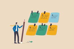 Category or prioritize work for project management, sorting important or urgency tasks, organize and plan for business success, kind or type concept, businessman with pencil categorized sticky notes. vector