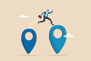 reubicación de negocios, mover la oficina a una nueva dirección o transferir a un nuevo concepto de ubicación, el propietario de la empresa de negocios salta del pin de navegación del mapa a una nueva metáfora de reubicación. vector