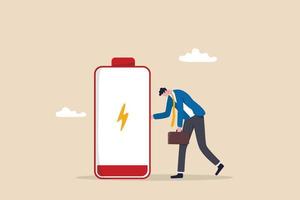 Exhausted and fatigue from hard work, stressed or anxiety from unhealthy work or depression and burnout, low energy or motivation concept, fatigue and tired businessman stand with low battery sign. vector