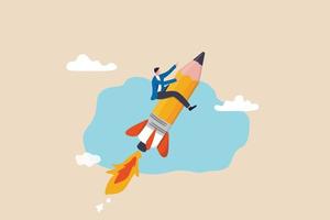 Pencil rocket as education, creativity or fun idea, imagination or creative freedom, launch new project or business improvement concept, young adult creative man riding pencil rocket flying in the sky vector