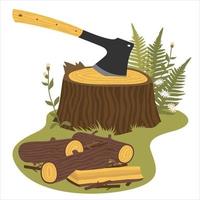 An axe with a wooden handle on a stump. Chopped firewood on the grass. vector