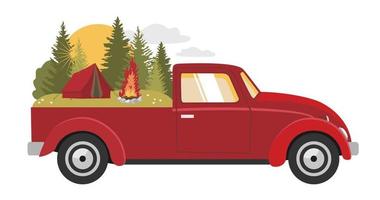 A red car is driving a forest landscape with camping in the trunk. vector