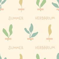 Doodle seamless pattern with small plants and text SUMMER HERBARIUM. Simple aesthetic print for tee, fabric, stationery. Hand drawn vector illustration for decor and design.