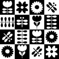 monocromo de patrones sin fisuras con flores de tulipán y libélulas. vector