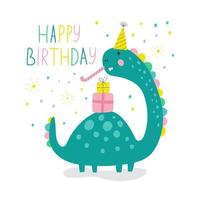 Happy birthday card with cute dino. Vector illustrations