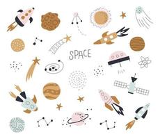 Set with comets, rockets, planets and stars. Vector illustrations