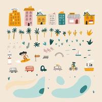 Set with  houses and car. City design. Kids print. Vector illustrations