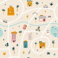Seamless pattern cute city map with houses and car. City design. Kids print. Vector illustrations