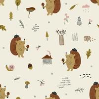 Seamless pattern with cute hedgehog with and autumn elements. Vector illustrations