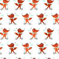 Seamless pattern with cute fox on a scooter. Kids print. Vector illustrations