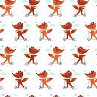 Seamless pattern with cute fox on a scooter. Kids print. Vector illustrations