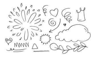 hand drawn set elements, black on white background. heart, light, king, emphasis, cloud, leaf, swirl, for concept design. vector