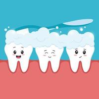 Happy cartoon smiling healthy teeth with toothpaste being brushed. Oral hygiene. The concept of dentistry and health about teeth and gums. Vector