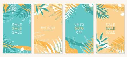 Trendy abstract summer templates with leaves for social media posts, mobile apps, banner design and online advertising. Vector backgrounds