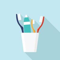 Icon with adult and child toothbrushes, toothpaste in a glass with shade, isolated in a flat illustration. vector